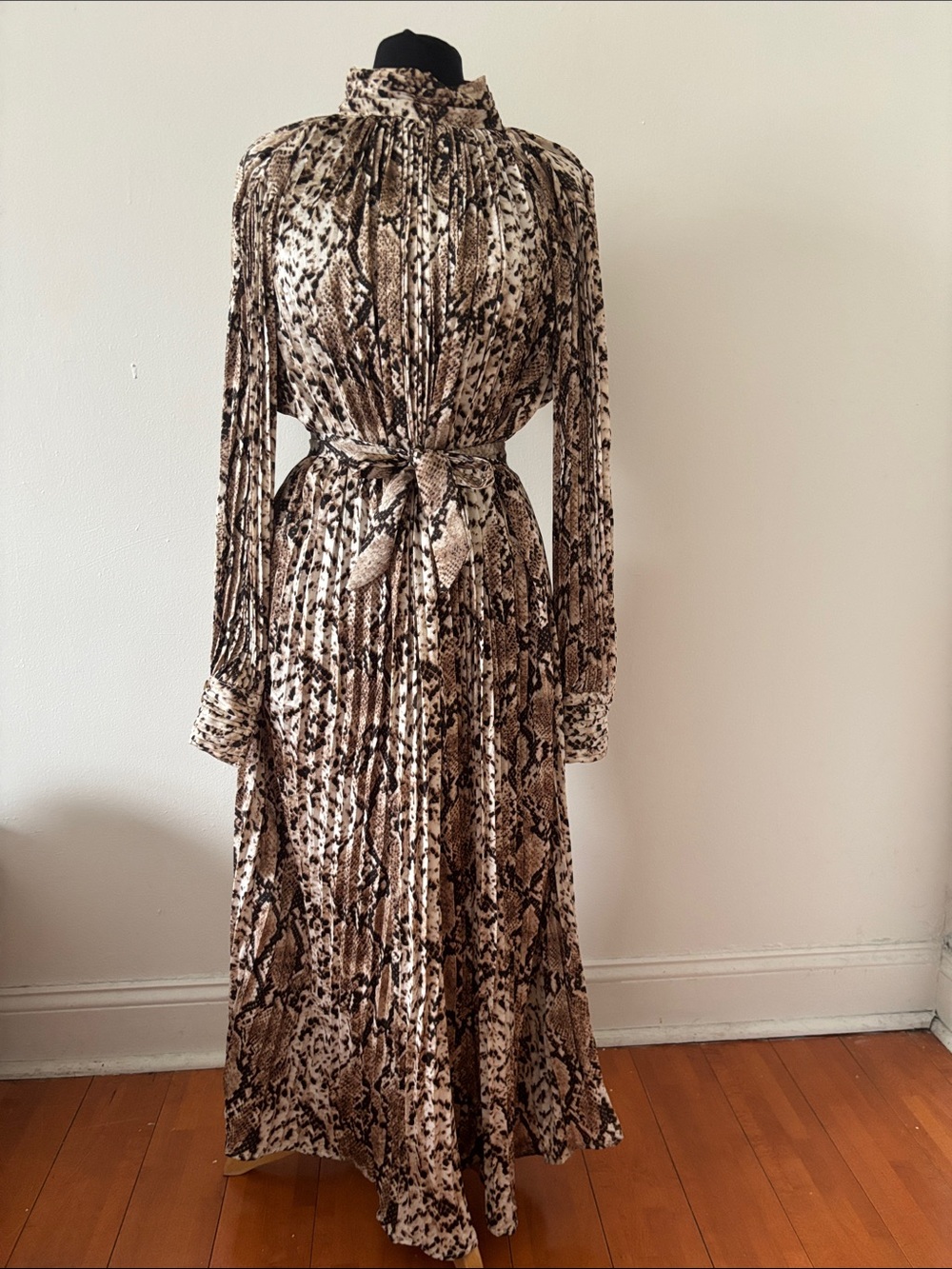High-Neck Snake Print Maxi Dress in Brown and Cream